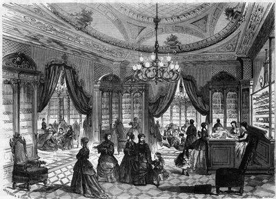Vnitřní pohled na obchod s obuví pana Herberta, 93 rue de Richelieu v Paříži. Rytina v ""Le Monde Illustre"" č. 613 z 9. ledna 1869. od French School