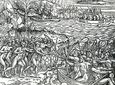 Válečná scéna, Brazílie, ilustrace z "Singularity Francie Antarktidy", Andre de Thevet, 1558 od French School