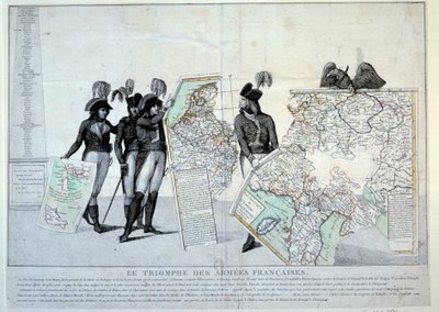 Války revoluce: Generál Napoleon Bonaparte (1769-1821) držící mapu Itálie (v době italského tažení), aby dokončil hádanku území dobytých Francií. Vlevo pravděpodobně generálové Hoche, Pichegru a Jean Victor (Jean- od French School