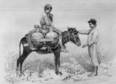 Nosič vody, od La Syrie dauhui. Voyages dans la Phenicie, Le Liban et la Judee. 1875-1880 Louise Charlese Emila Lorteta, 1884 (čb rytina) od French School