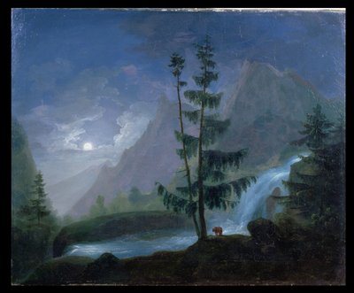 Vodopád poblíž Pont dEspagne za měsíčního svitu, kolem roku 1833 od French School
