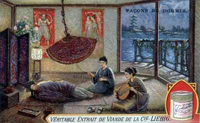 Způsoby spánku: Japonská ložnice. Chromolitografie Liebigova balení. od French School