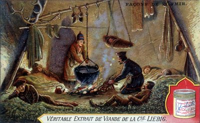 Způsoby spánku: Vrstva na sobích kůžích a pěně. Chromolitografický obal Liebig. od French School