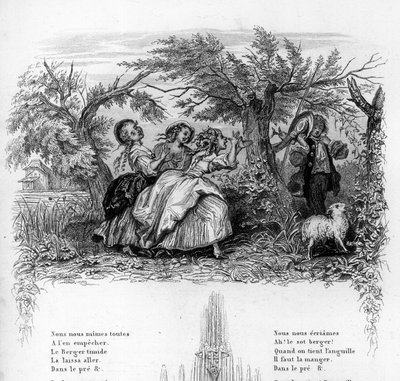 Byly jsme tři dívky. Tři dívky si hrají s pastýřem a znepříjemňují mu to. Rytina do „“ Chants et chansons populaire de la France“, Tome 2 od French School
