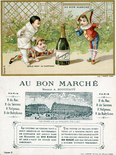 Jaké štěstí! láhev šampaňského; přední a zadní strana propagační karty pro obchodní domy Bon Marché v Paříži, kolem roku 1895 od French School