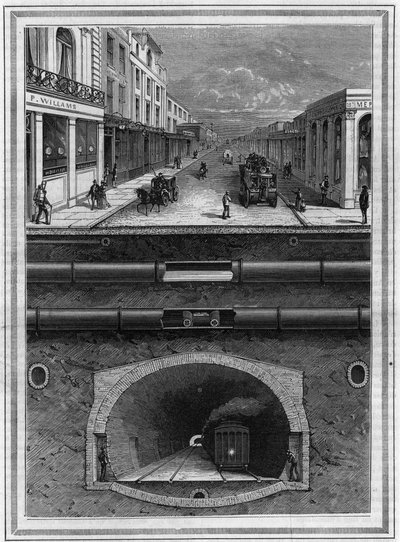 Co je pod dlažbou Londýna (Velká Británie): Plynové potrubí, vodovodní potrubí, pneumatické potrubí pro odpad, kanalizace, tunel a železniční trať pro metropolitní oblasti. Gravírování v „“ La Nature. Revue des sciences et de ses applications aux arts et à od French School