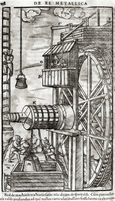 Naviják na získávání vody z dolu, ilustrace z De Re Metallica od Georga Bauera (1494-1566) známého jako Agricola, 1561 od French School