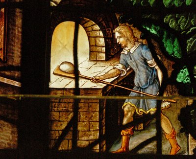 Window Charnier-13 zobrazující pekaře při práci a scénu z Abrahama, kterého navštívili 3 andělé od French School