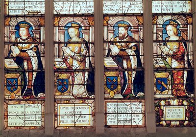 Okno zobrazující Louise de Bourbon (1465-1520) prince z La Roche-sur-Yon, Louise de Bourbon († 1561) hraběnku z Montpensier, Ludvíka II. Bourbonského (1513-82) vévodu de Montpensier a Jacquette de Longwy ( od French School
