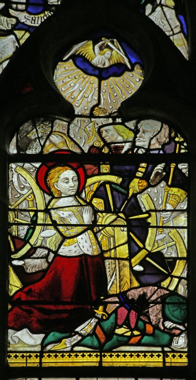 Okno zobrazující modlící se svatou Kateřinu a anděly lámající kolo házením kamenů, 1460-70 od French School