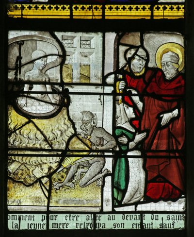 Okno zobrazující svatého Mikuláše zachraňujícího dítě před uvařením zaživa, 1460-70 od French School