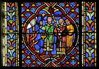 Okno zobrazující scénu ze života Saint Artheme: Požár ve městě Clermont si vyžádal přesun relikvií svatých. Průvod nese relikviář a přichází k ohni a b od French School