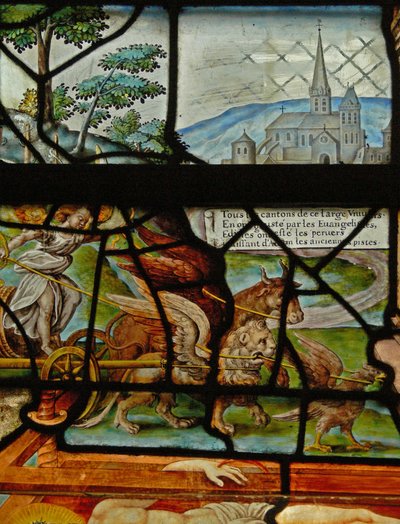 Okno v Charnier (w.11) zobrazující detail z Mystic Wine Press od French School