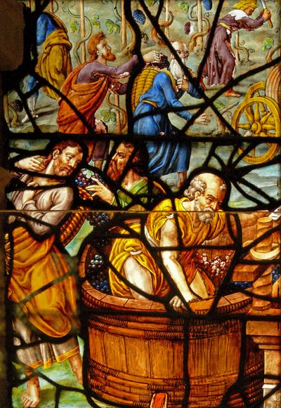 Okno v Charnier (w.11) zobrazující detail z Mystic Wine Press od French School