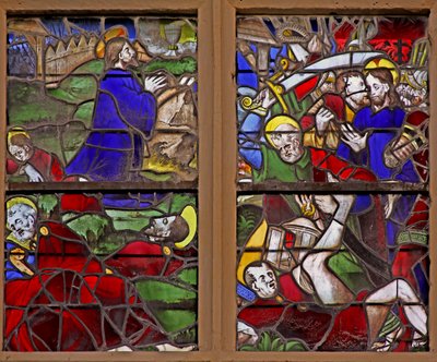 Okno w107 zobrazující Agónii v zahradě Getsemanské; Jidášova zrada; Svatý Petr útočí od French School