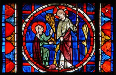 Okno w109 zobrazující svatou Máří Magdalenu s Kristem v zahradě Vzkříšení od French School