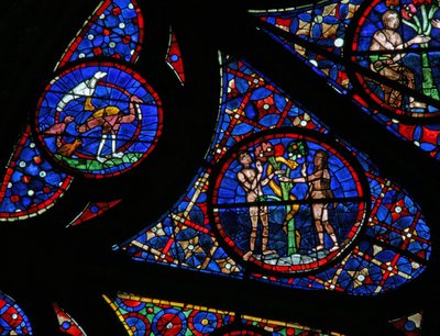 Okno w115 zobrazující Stvoření: ptáci, Adam a Eva a had od French School