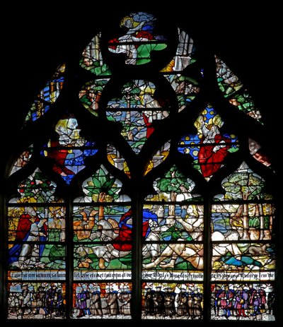 Okno w120 zobrazující Stvoření a členy Confrérie de Charité od French School