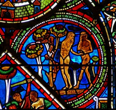 Okno w15 zobrazující okno Milosrdného Samaritána: Adam a Eva jedí zakázané ovoce od French School
