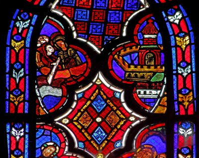 Okno w1 zobrazující scénu ze života svaté Máří Magdaleny - světice - cestuje do Marseille od French School