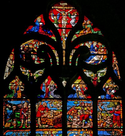 Okno w1 zobrazující Ukřižování s Marií a Janem, Via Crucis, Uložení od French School