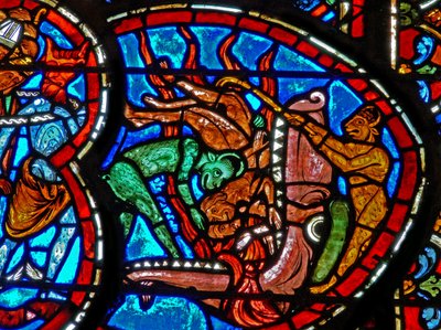 Okno w4 zobrazující Poslední soud: The Mouth of Hell přijímá zatracené od French School