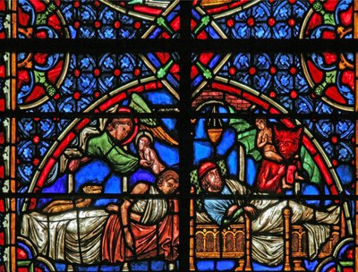 Okno w4 zobrazující Podobenství o ponorech a Lazarovi – jejich smrti od French School