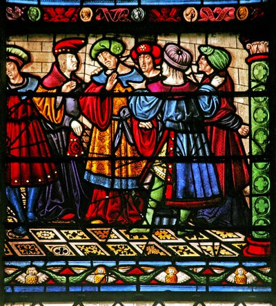 Okno w6 zobrazující farizeje v synagoze od French School