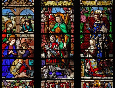Okno w6 zobrazující Narození Páně s pastýři; dárců a patronů od French School