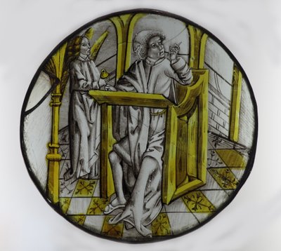 Okno w76 zobrazující svatého Matouše s jeho symbolickým andělem od French School