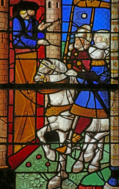 Okno w8 zobrazující svatého Augustina navštěvuje hraběte dAfrique, Bonifáce, aby chránil lid Hrocha před vandaly od French School
