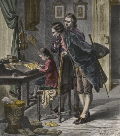 Wolfgang Amadeus Mozart píše koncert v přítomnosti svého otce Leopolda, ilustrace z „La Musique Populaire“ od French School