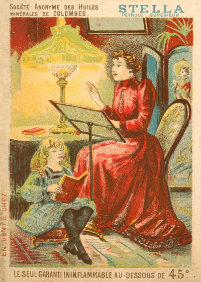 Žena a dítě čtoucí ve světle olejové lampy od French School