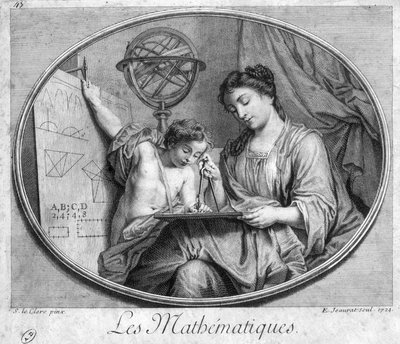 Žena a dítě s kompasem a postavami (alegorie matematiky) - rytina od French School