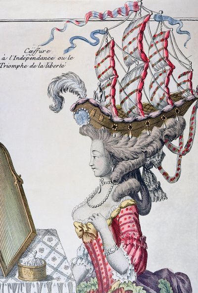 Žena v denních šatech s účesem a la Belle Poule, období americké nezávislosti, 1779-80 od French School