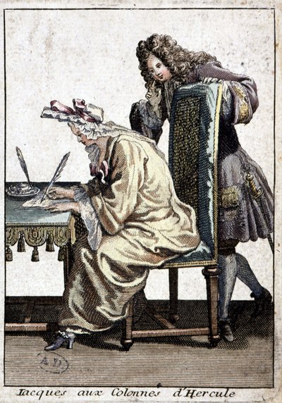 Žena v košili a čepici píše dopis s mužem, n.d. v. 1715. od French School