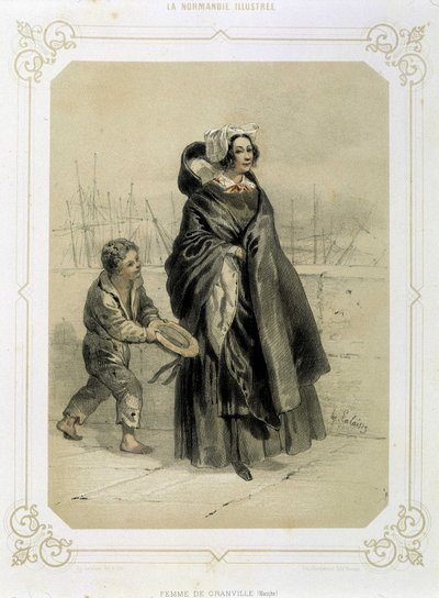 Žena z Granville a mladý žebrák v litografii „“Ilustrovaná Normandie““. od French School
