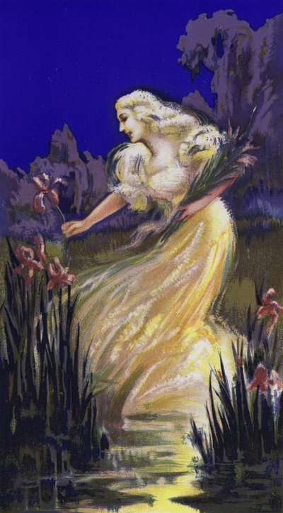Žena trhající kosatce (barevná litografie) od French School