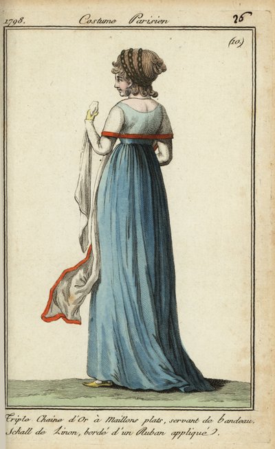 Žena s průhledným šátkem v módě z roku 1798 (ručně kolorovaná mědirytina) od French School