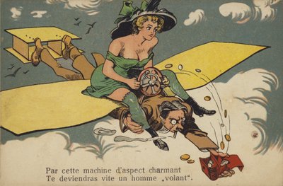 Žena s poloodhaleným poprsím jedoucí na muži/letadle (barevná litografie) od French School