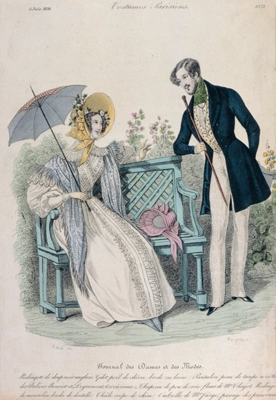 Žena s deštníkem a muž v županu v zahradě, módní deska z Journal des Dames et des Modes, 5. června 1836 od French School
