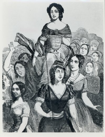 Ženy nesoucí Jeanne Deroin (1805-94) v Triumphu, z Les Femmes Celebres, svazek I, Paříž, Mazenod, 1848 od French School