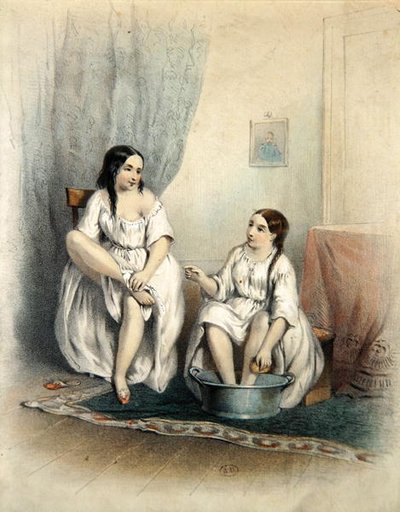 Ženy na jejich záchodě (barevné rytí) od French School