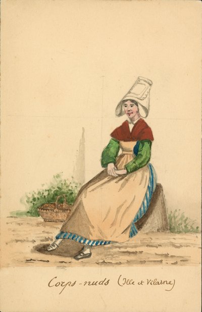 Dámský kroj z Corps-Nuds, Ille-et-Vilaine (barevná litografie) od French School