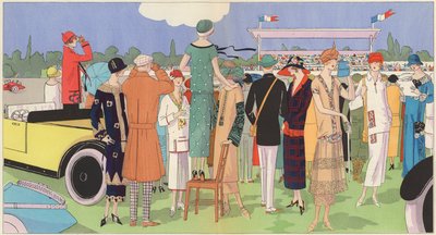 Dámská móda na závodech od návrhářů Jeanne Lanvin, Jean Patou, Premet, Georges Doeuillet (barevná litografie) od French School