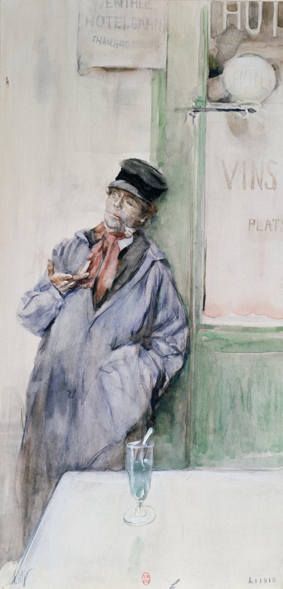 Dělník v kavárně se sklenkou absinthu, cca 1900 (wc na papíře) od French School