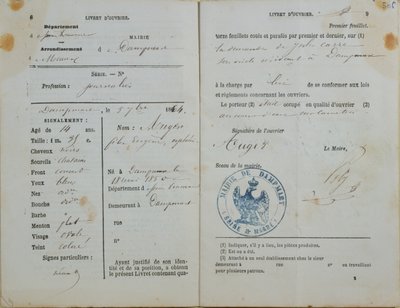 Pracovní příručka vydaná Mairie z Dampmartu Felixovi Augerovi (nar. 1850), 1864 od French School
