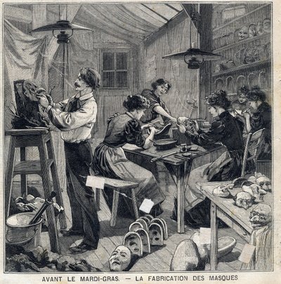 Workshop na výrobu masek pro převleky na Mardi Gras festival (Mardi-Gras). V „“Le Petit Parisien““ dne 14.2.1897 od French School