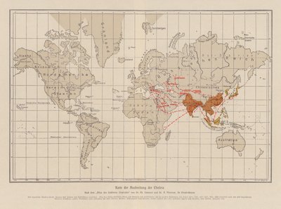 Mapa světa zobrazující šíření cholery (barevná litografie) od French School