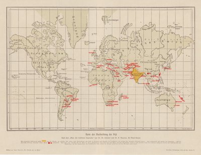 Mapa světa zobrazující šíření moru (barevná litografie) od French School